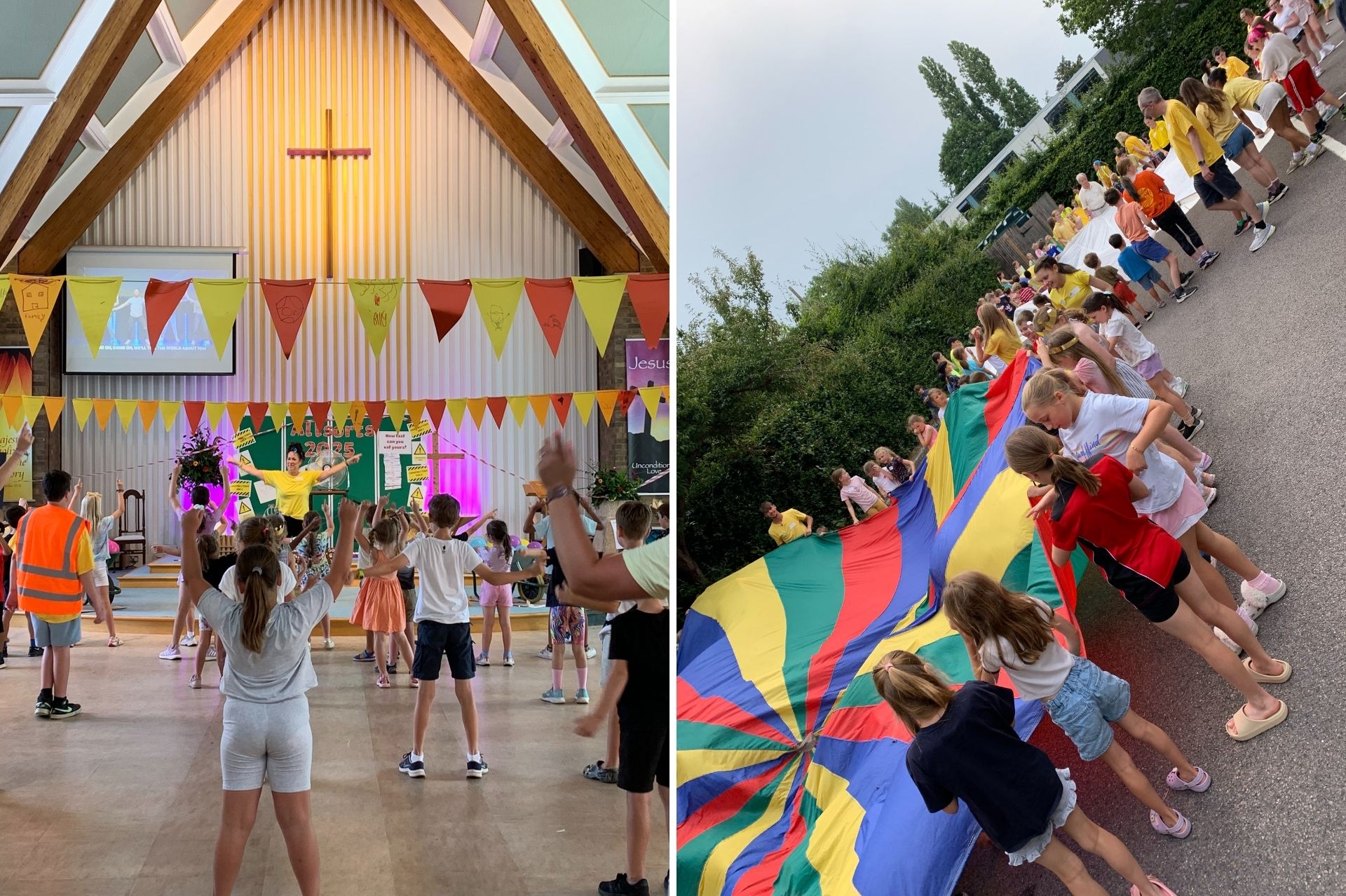 Two images: One of children and adult volunteers joining in with an action song in Church of the Good Shepherd in Pyrford and the other of children doing an activity with colourful parachutes