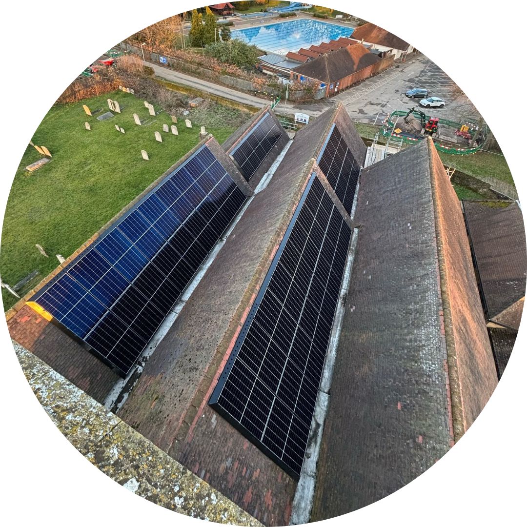Solar panels on the church roof of St John's Stoke, then from the top of the bell tower