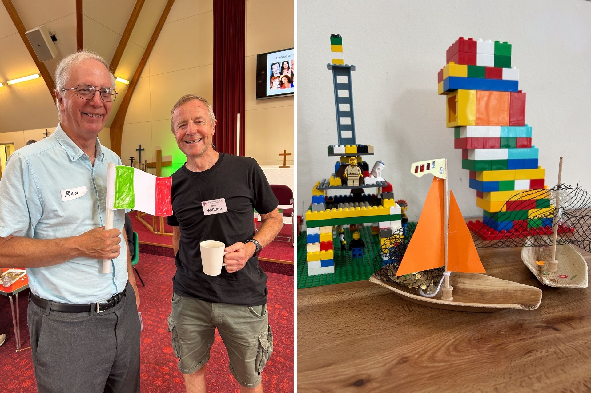 Two images: one of two men smiling holding a coloured paper Italian flag and the other of two Lego models and two crafted boats